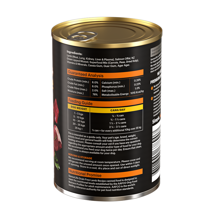 SavourLife - Wet Food Tins - Adult Dog - GRAIN FREE - Lamb Recipe - 12 X 375g
